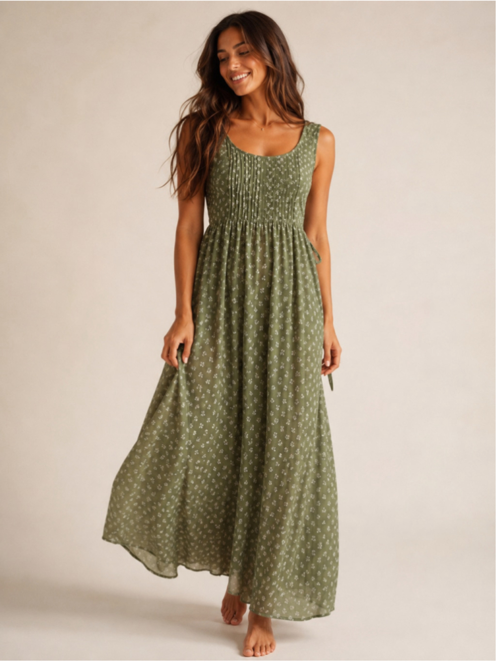 The Vermont Country Store Maxi Dress L Green Floral Cotton Pintuck Cottagecore